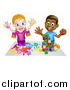 Vector Illustration of a Cartoon Happy White Girl Sitting on Paper and and Painting and a Black Boy Playing with Blocks by AtStockIllustration