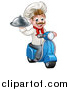 Vector Illustration of a Cartoon Happy White Male Chef, Holding a Cloche on a Delivery Scooter by AtStockIllustration