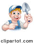 Vector Illustration of a Cartoon Happy White Male Gardener in Blue, Holding a Garden Trowel and Pointing by AtStockIllustration