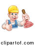Vector Illustration of a Cartoon Happy White Male Plumber Holding a Plunger and Giving a Thumb up by AtStockIllustration