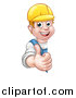 Vector Illustration of a Cartoon Happy White Male Worker Giving a Thumb up Around a Sign by AtStockIllustration
