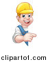 Vector Illustration of a Cartoon Happy White Male Worker Pointing Around a Sign by AtStockIllustration