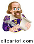 Vector Illustration of a Cartoon Happy William Shakespeare Holding a Scroll and Feather Quill by AtStockIllustration