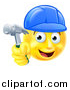 Vector Illustration of a Cartoon Happy Yellow Emoji Smiley Face Emoticon Carpenter Holding a Hammer by AtStockIllustration
