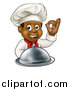 Vector Illustration of a Cartoon Happy Young Black Male Chef Holding a Cloche Platter and Gesturing Perfect by AtStockIllustration