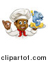 Vector Illustration of a Cartoon Happy Young Black Male Chef Holding a Fish Character and Chips on a Tray by AtStockIllustration