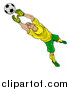 Vector Illustration of a Cartoon Male Goal Keeper Soccer Player in a Green and Yellow Uniform, Sacing a Goal by AtStockIllustration