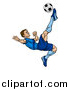 Vector Illustration of a Cartoon Male Soccer Player in a Blue Uniform, Kicking a Ball in Mid Air by AtStockIllustration