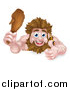 Vector Illustration of a Cartoon Muscular Happy Caveman Giving a Thumb up and Holding a Club over a Sign by AtStockIllustration