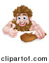 Vector Illustration of a Cartoon Muscular Happy Caveman Holding a Club and Giving a Thumb up over a Sign by AtStockIllustration