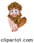 Vector Illustration of a Cartoon Muscular Happy Caveman Holding a Club Around a Sign by AtStockIllustration