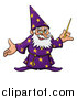 Vector Illustration of a Cartoon Old Wizard Holding a Wand and Presenting by AtStockIllustration
