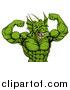 Vector Illustration of a Cartoon Roaring Green Muscular Dragon Man Flexing, from the Waist up by AtStockIllustration