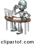 Vector Illustration of a Cartoon Robot Talking on a Cell Phone and Working at a Computer Desk by AtStockIllustration