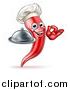 Vector Illustration of a Cartoon Spicy Hot Red Chili Pepper Chef Mascot Holding a Cloche and Gesturing Ok by AtStockIllustration