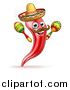 Vector Illustration of a Cartoon Spicy Hot Red Chili Pepper Mascot Wearing a Sombrero Hat and Shaking Mexican Maracas by AtStockIllustration