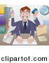Vector Illustration of a Cartoon Stressed Caucasian Business Man Multi Tasking with Many Arms at His Office Desk by AtStockIllustration