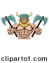 Vector Illustration of a Cartoon Tough Muscular Blond Male Viking Warrior Holding Axes, from the Waist up by AtStockIllustration