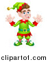 Vector Illustration of a Cartoon Welcoming Brunette White Male Christmas Elf Waving with Both Hands by AtStockIllustration