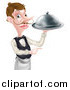 Vector Illustration of a Cartoon White Male Waiter with a Curling Mustache, Pointing and Holding a Cloche Platter by AtStockIllustration