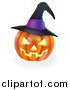 Vector Illustration of a Carved Halloween Jackolantern Pumpkin with a Purple Witch Hat by AtStockIllustration