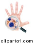 Vector Illustration of a Caucasian Antibacterial Hand with Germs, and Viruses Through a Magnifying Glass by AtStockIllustration