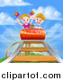 Vector Illustration of a Caucasian Boy and Girl on a Roller Coaster Ride, Against a Blue Sky with Clouds by AtStockIllustration