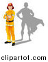 Vector Illustration of a Caucasian Male Fireman with Folded Arms and a Super Hero Shadow by AtStockIllustration
