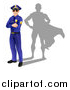 Vector Illustration of a Caucasian Male Police Officer Standing with Folded Arms and a Super Hero Shadow by AtStockIllustration
