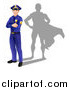 Vector Illustration of a Caucasian Male Police Officer with Folded Arms and a Super Hero Shadow by AtStockIllustration
