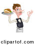 Vector Illustration of a Caucasian Male Waiter with a Curling Mustache, Holding a Kebab Sandwich on a Tray and Gesturing Okay by AtStockIllustration