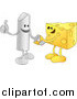 Vector Illustration of a Chalk Character Giving the Thumbs up and Shaking Hands with a Wedge of Swiss Cheese While Agreeing on a Business Deal by AtStockIllustration