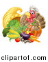 Vector Illustration of a Chef Turkey Bird Giving a Thumb up over a Pumpkin and Harvest Cornucopia 2 by AtStockIllustration