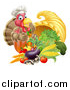 Vector Illustration of a Chef Turkey Bird Giving a Thumb up over a Pumpkin and Harvest Cornucopia by AtStockIllustration