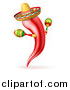 Vector Illustration of a Chili Pepper Mascot Wearing a Mexican Sombrero and Shaking Maracas by AtStockIllustration