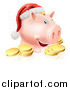 Vector Illustration of a Christmas Piggy Bank Wearing a Santa Hat over Gold Coins by AtStockIllustration