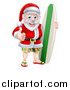 Vector Illustration of a Christmas Santa Claus Giving a Thumb up and Standing with a Green and White Surf Board by AtStockIllustration