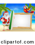 Vector Illustration of a Christmas Santa Claus Giving a Thumb up and Standing with a Surf Board on a Tropical Beach by a Blank White Sign with a Parrot by AtStockIllustration