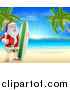 Vector Illustration of a Christmas Santa Claus Giving a Thumb up and Standing with a Surf Board on a Tropical Beach by AtStockIllustration