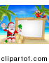 Vector Illustration of a Christmas Santa Claus Waving and Making a Sand Castle on a Tropical Beach by a Blank White Sign with a Parrot by AtStockIllustration