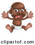 Vector Illustration of a Crying Black Baby Boy Teething, Sitting in a Diaper, Holding His Arms up by AtStockIllustration