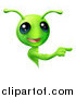 Vector Illustration of a Cute Green Alien Looking Around a Sign and Pointing by AtStockIllustration