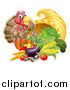 Vector Illustration of a Cute Turkey Bird Giving a Thumb up over a Pumpkin and Harvest Cornucopia 2 by AtStockIllustration