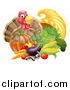 Vector Illustration of a Cute Turkey Bird Giving a Thumb up over a Pumpkin and Harvest Cornucopia by AtStockIllustration