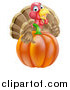 Vector Illustration of a Cute Turkey Bird Giving a Thumb up over a Pumpkin by AtStockIllustration