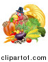 Vector Illustration of a Cute Turkey Bird Pilgrim Giving a Thumb Up, with Harvest Produce and a Cornucopia 2 by AtStockIllustration