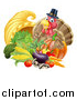 Vector Illustration of a Cute Turkey Bird Pilgrim Giving a Thumb Up, with Harvest Produce and a Cornucopia by AtStockIllustration