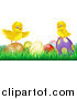 Vector Illustration of a Cute Yellow Easter Chicks on Top of Decorated Eggs in Grass by AtStockIllustration