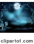 Vector Illustration of a Dark Spooky Cemetery with Tombstones and Bare Trees in the Moonlight by AtStockIllustration