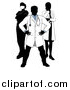 Vector Illustration of a Faceless Silhouetted Male Doctor Wearing a Lab Coat, Standing with Hands on His Hips, with His Team Behind Him by AtStockIllustration